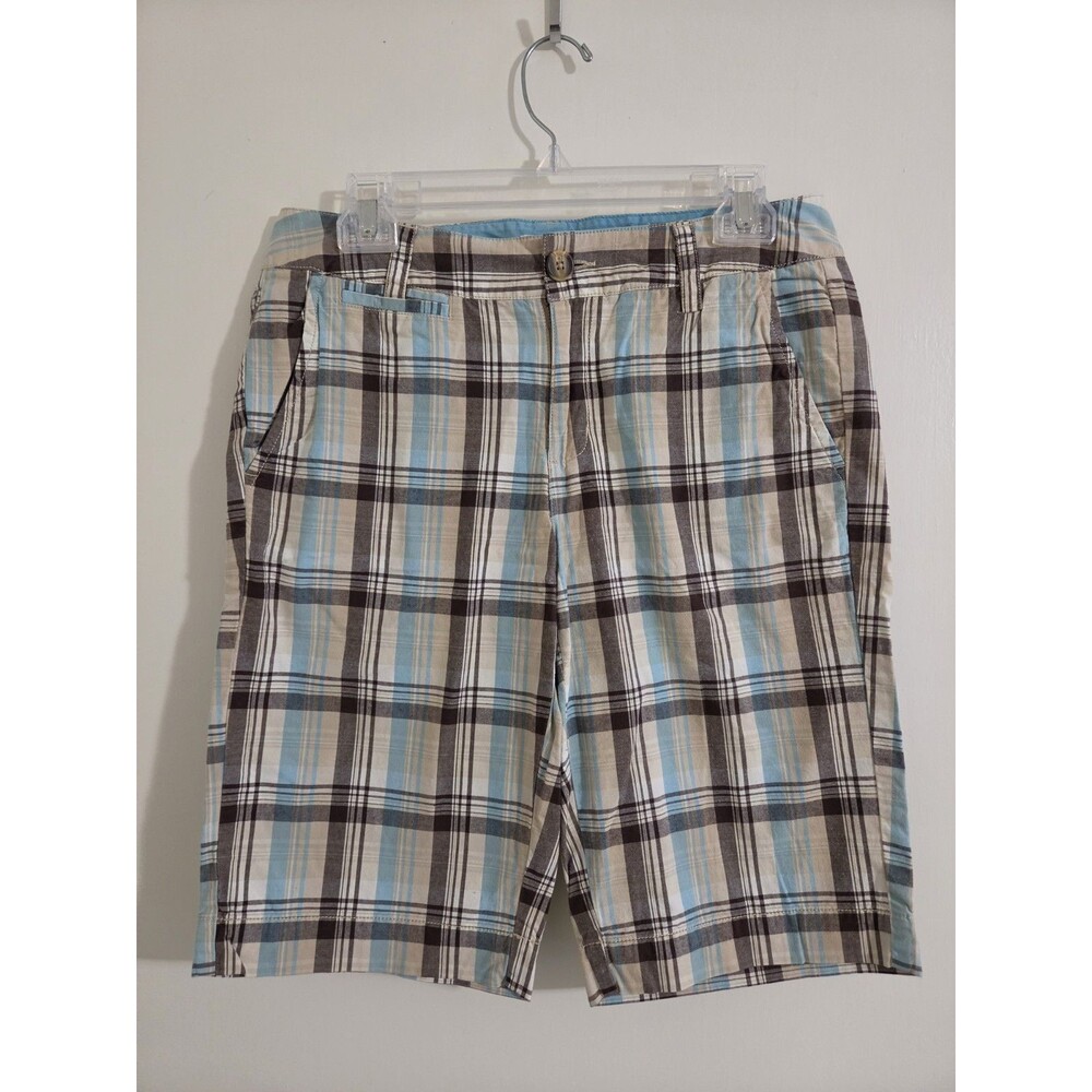G.H. Bass & Co Women Size 6 Plaid Flat Front Shorts Blue Brown Beige 100% Cotton